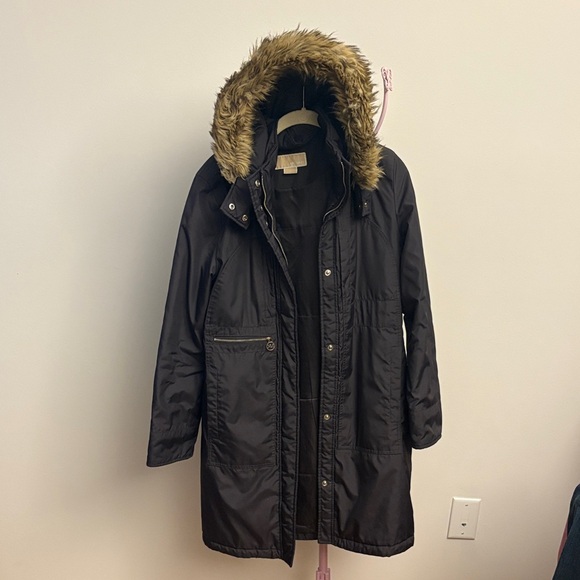 Michael Kors Dark Puffer Coat with Faux Fur Hood - Picture 1 of 3